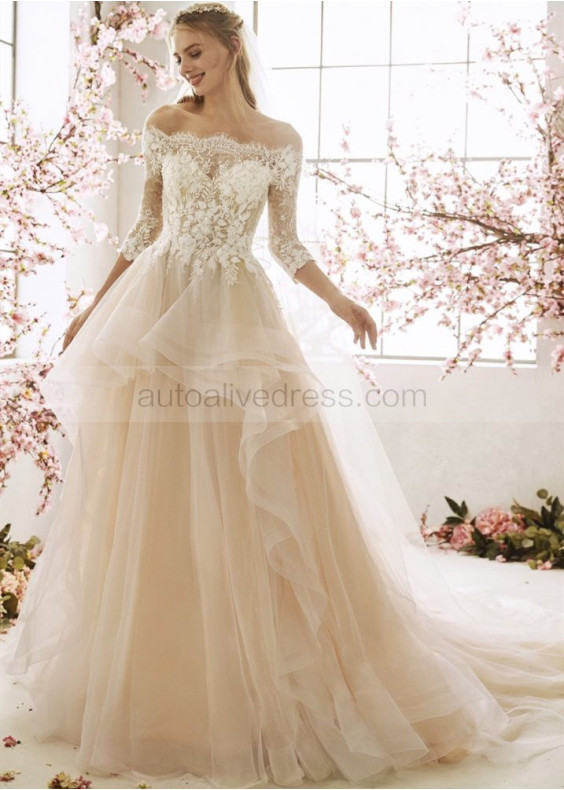 Off Shoulder Ivory Lace Champagne Tulle Ruffle Wedding Dress